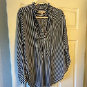 LOFT Navy and White Vertical Stripe Ruffle-Neck Button Down Blouse